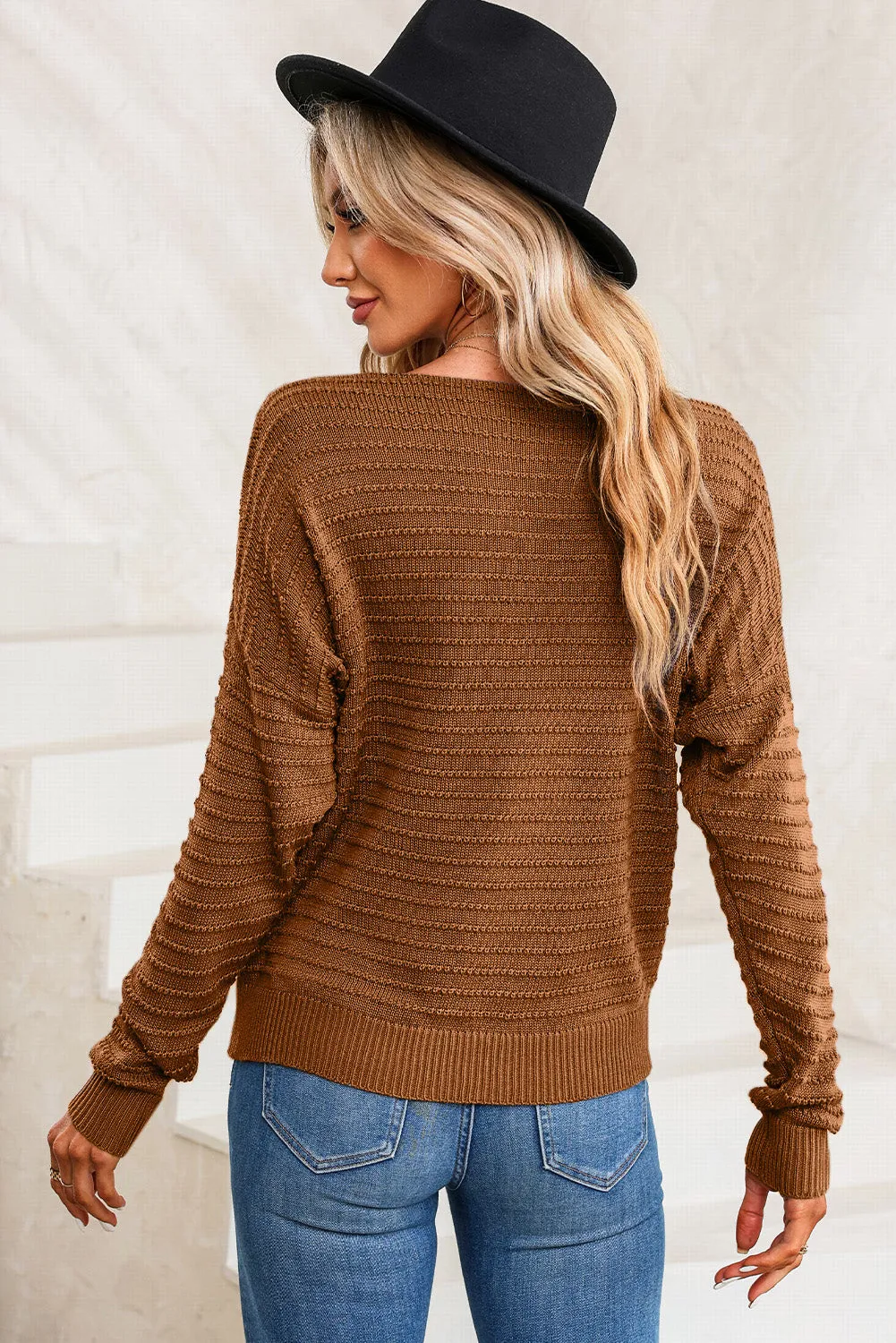 Green Textured Knit Round Neck Dolman Sleeve Sweater