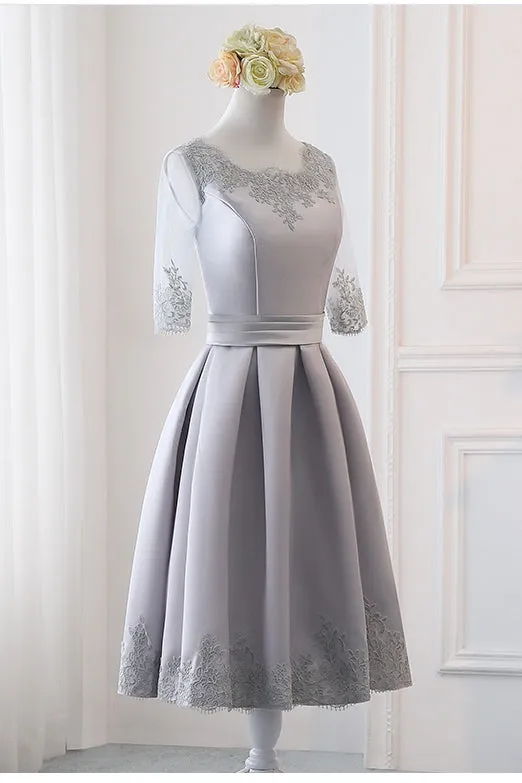 Grey Simple Knee Length Satin Short Sleeves Party Dress, Wedding Party Dress