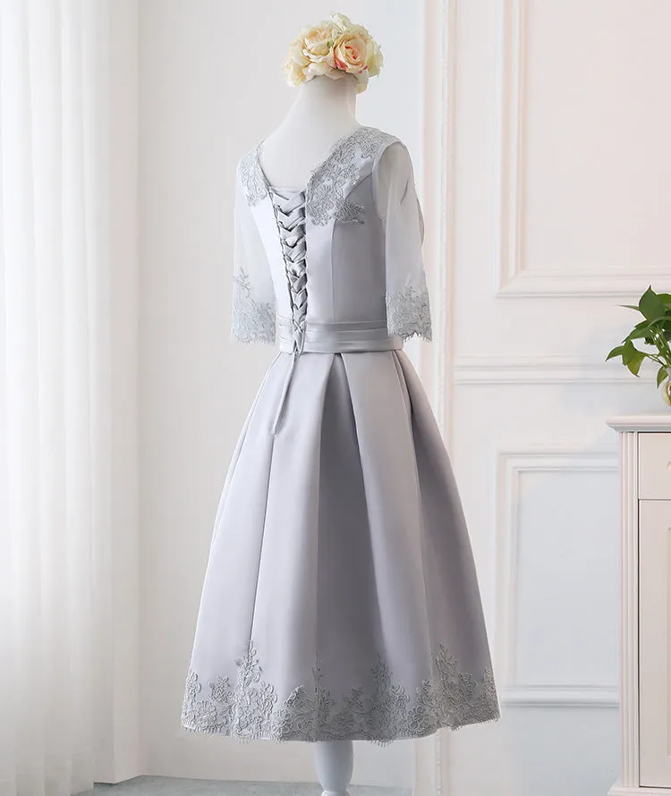 Grey Simple Knee Length Satin Short Sleeves Party Dress, Wedding Party Dress