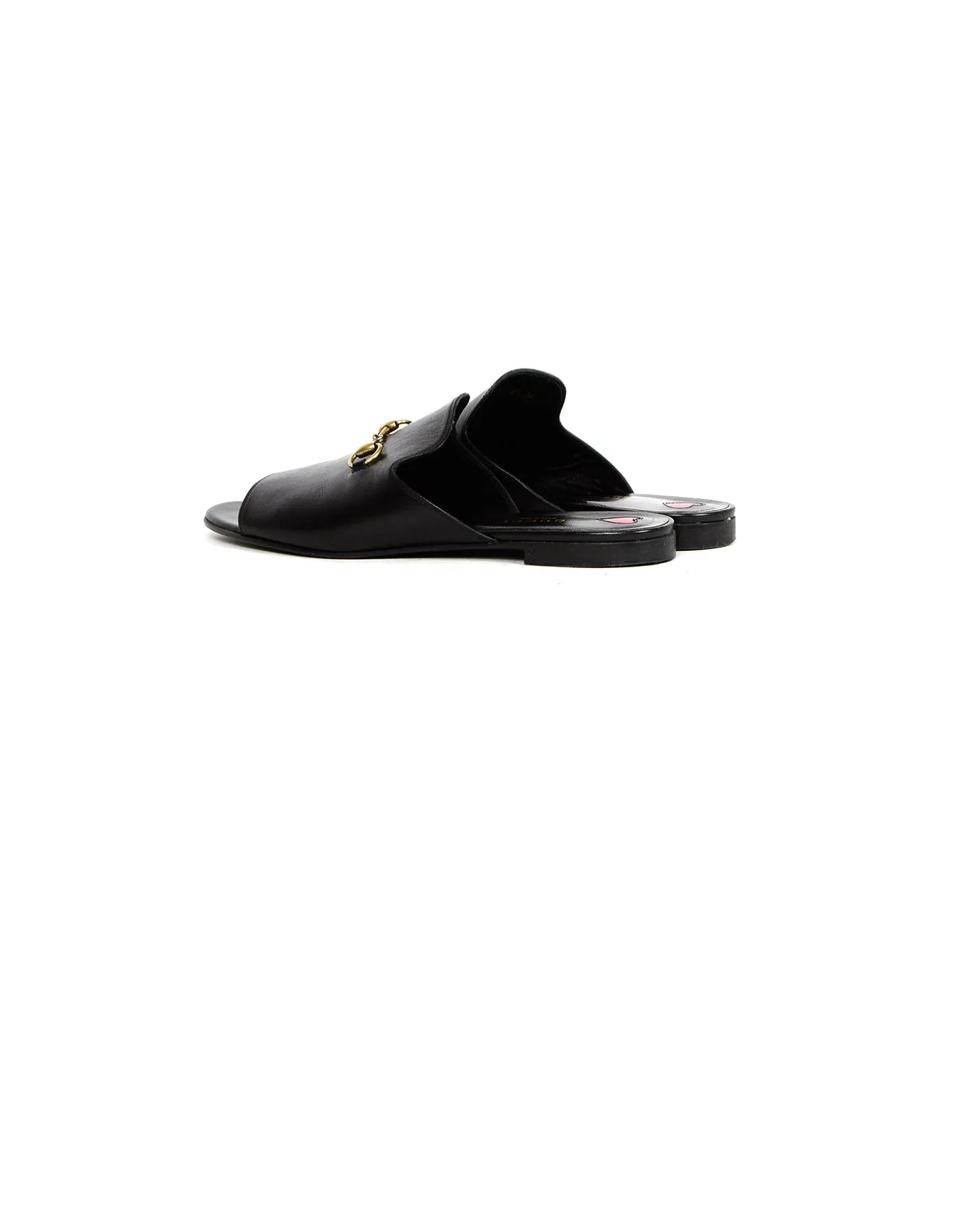 Gucci Black Leather Horsebit Peep-Toe Slides sz 39.5