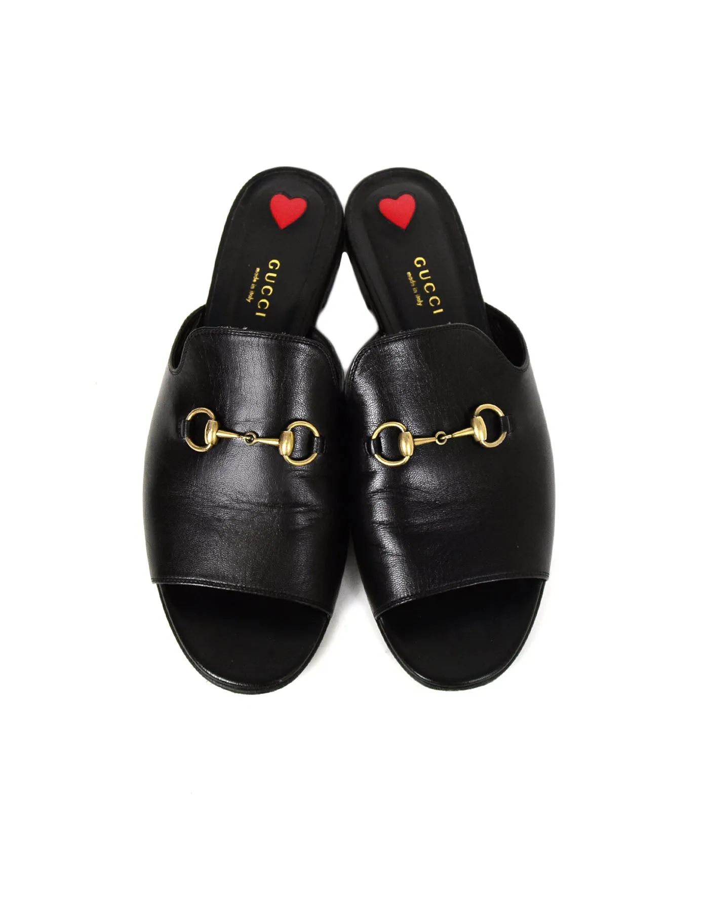 Gucci Black Leather Horsebit Peep-Toe Slides sz 39.5