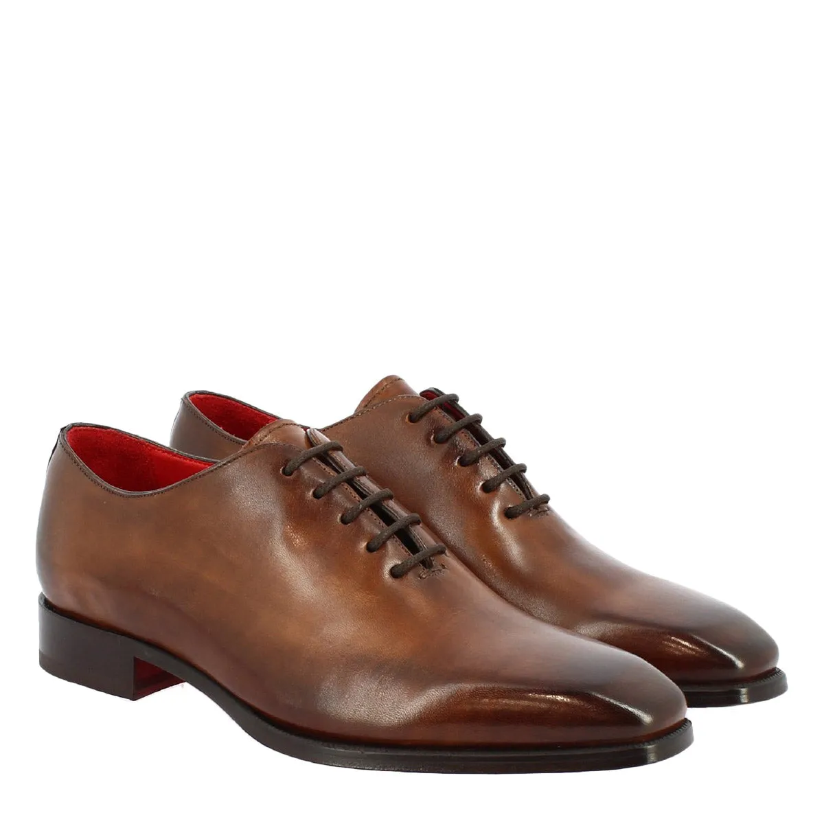 Handmade men's wholecut square toe shoes in brandy delavè leather