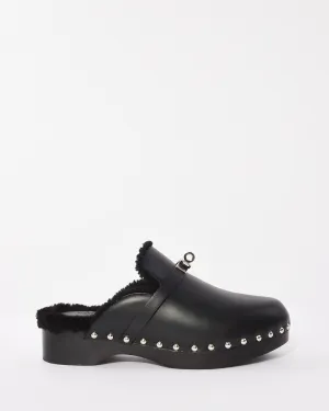 Hermès Black Leather & Shearling Carlotta Mules - 39