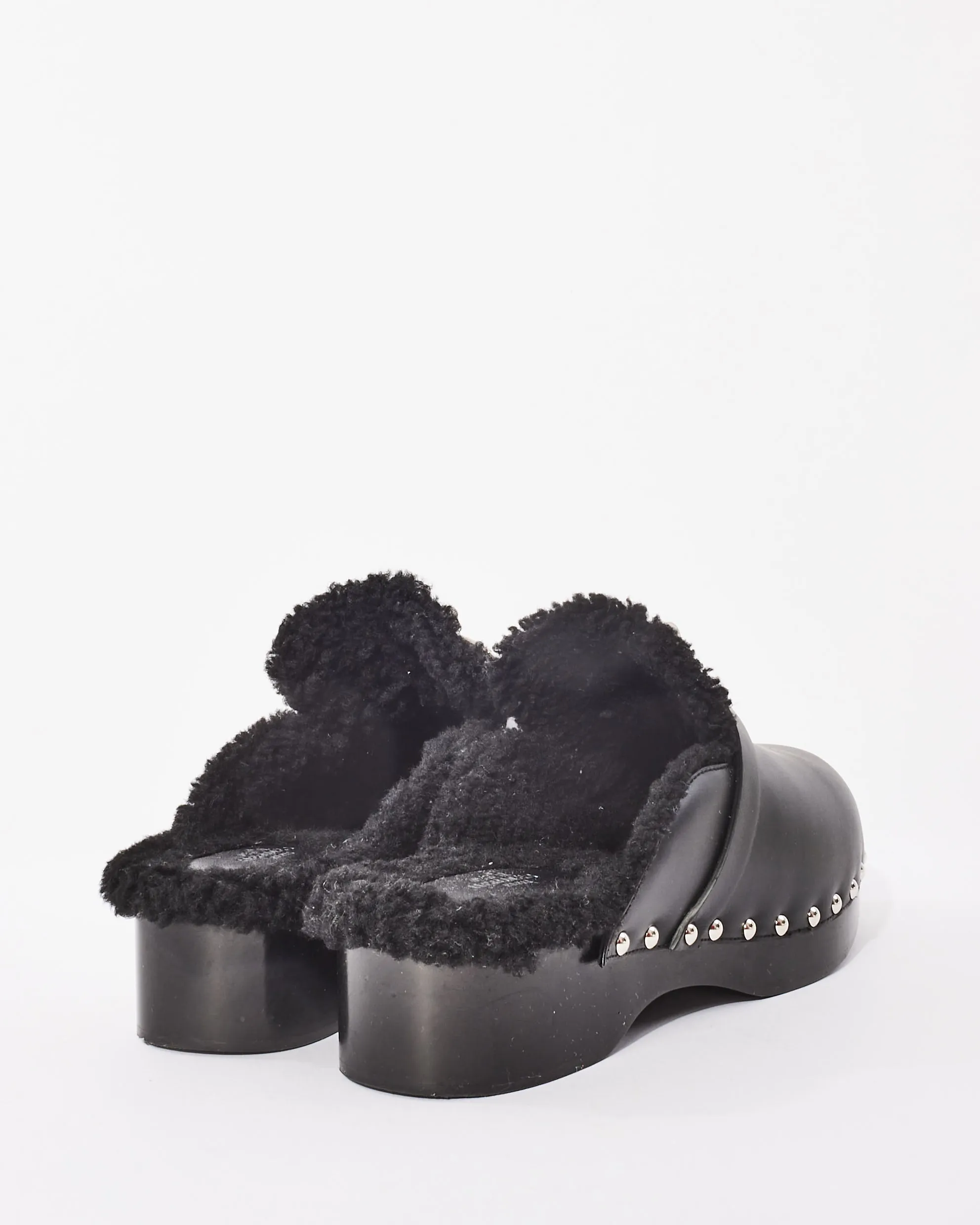 Hermès Black Leather & Shearling Carlotta Mules - 39