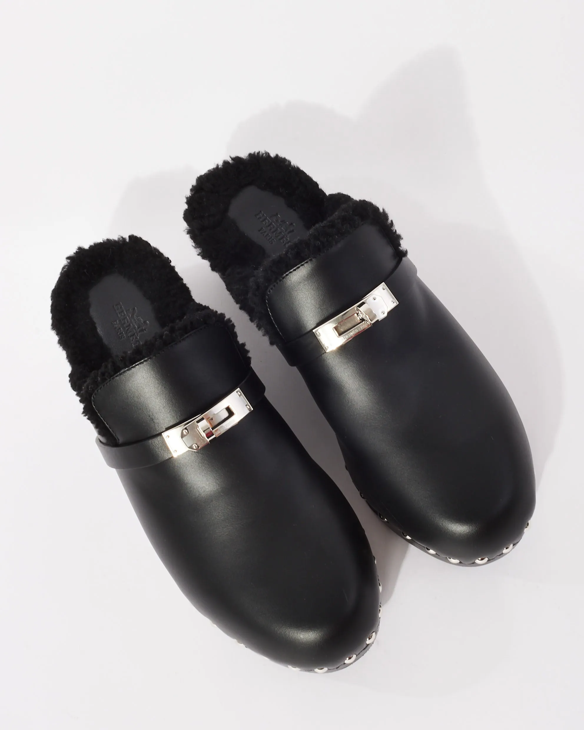 Hermès Black Leather & Shearling Carlotta Mules - 39