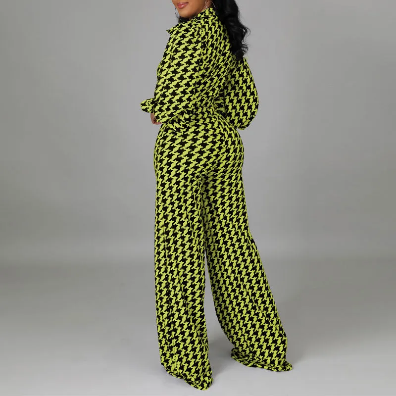 Houndstood Print Lantern Sleeve Belted Jumpsuit
