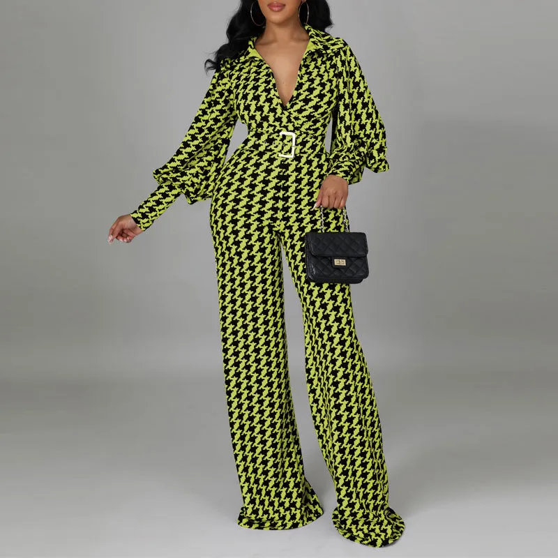 Houndstood Print Lantern Sleeve Belted Jumpsuit