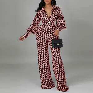 Houndstood Print Lantern Sleeve Belted Jumpsuit