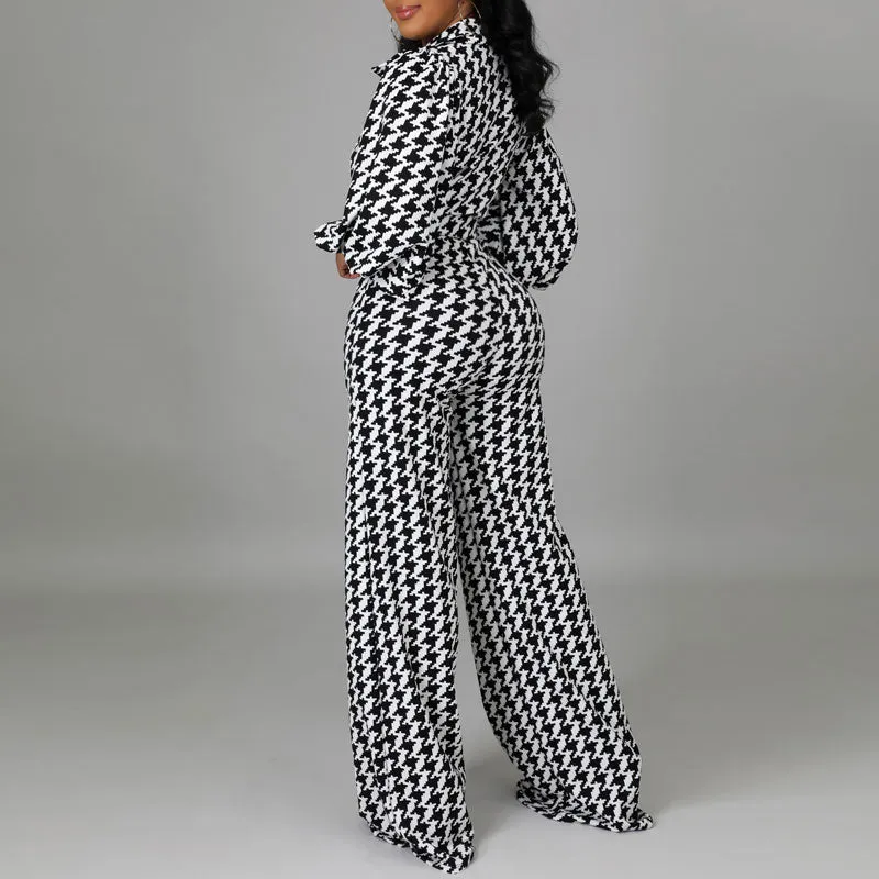 Houndstood Print Lantern Sleeve Belted Jumpsuit