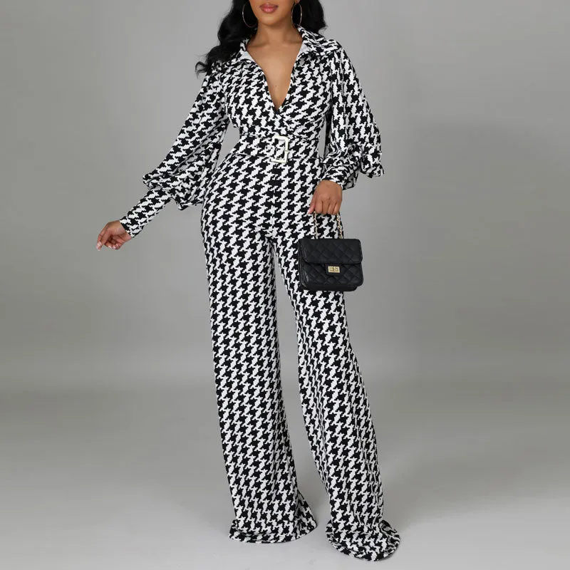 Houndstood Print Lantern Sleeve Belted Jumpsuit