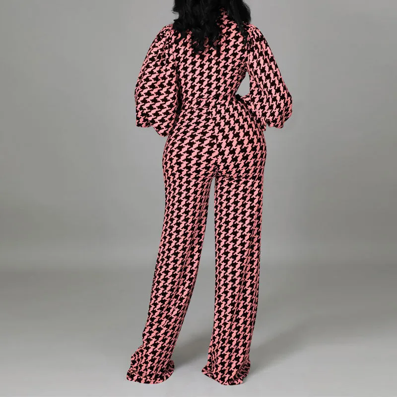 Houndstood Print Lantern Sleeve Belted Jumpsuit