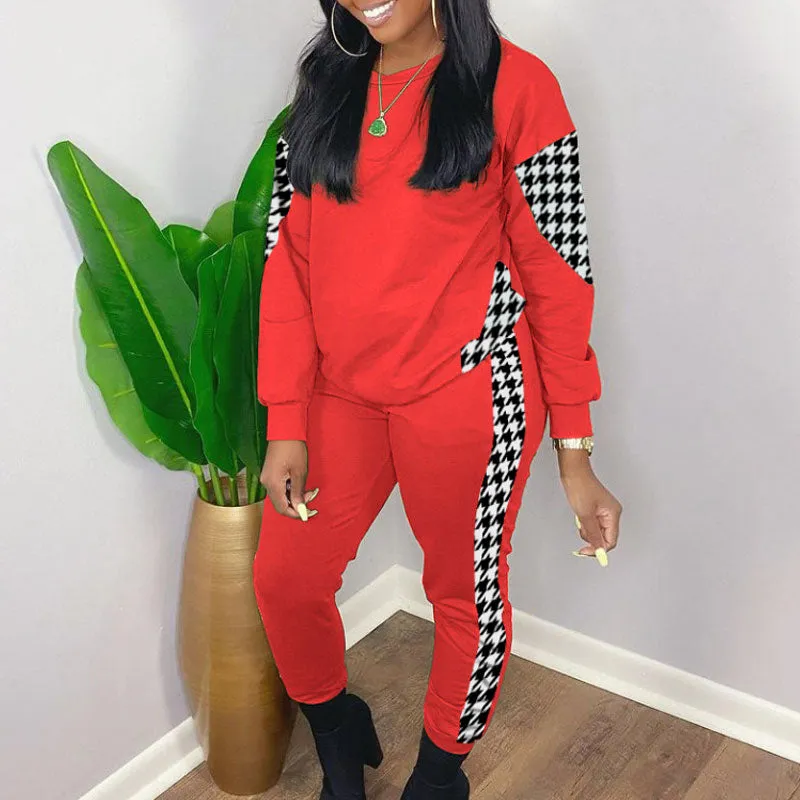 Houndstooth Print Long Sleeve Top & Pants Set