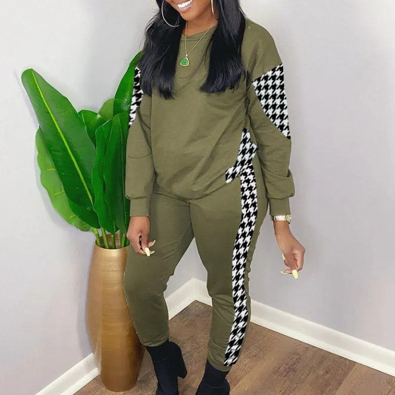 Houndstooth Print Long Sleeve Top & Pants Set