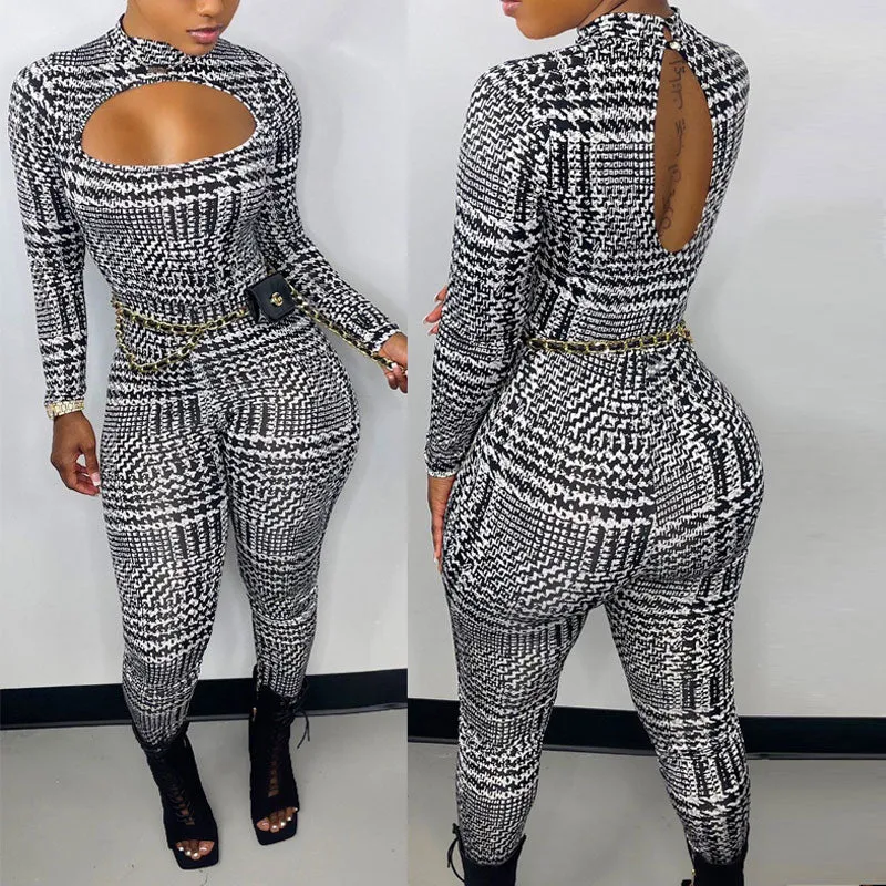 Houndstooth Print Long Sleeve Cut Out Jumpsuit