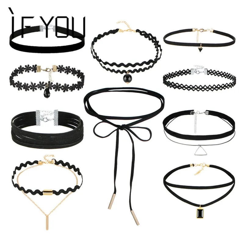 IF YOU 10 PCs/Set Gothic Sexy Black Leather Lace Flower Fashion Hollow Choker Necklace Set Necklaces Collier For Women Jewelry