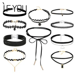 IF YOU 10 PCs/Set Gothic Sexy Black Leather Lace Flower Fashion Hollow Choker Necklace Set Necklaces Collier For Women Jewelry