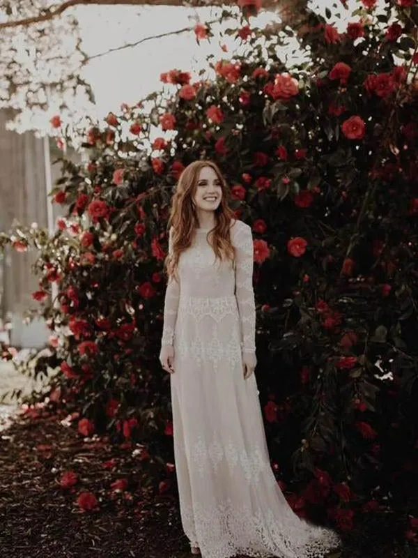 Ivory Sheath Long Sleeve Backless Lace Country Wedding Dresses With Appliques, SW280