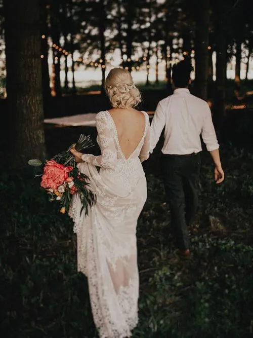 Ivory Sheath Long Sleeve Backless Lace Country Wedding Dresses With Appliques, SW280