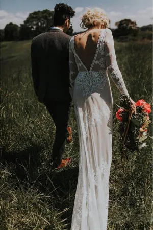 Ivory Sheath Long Sleeve Backless Lace Country Wedding Dresses With Appliques, SW280