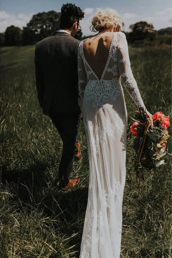 Ivory Sheath Long Sleeve Backless Lace Country Wedding Dresses With Appliques, SW280