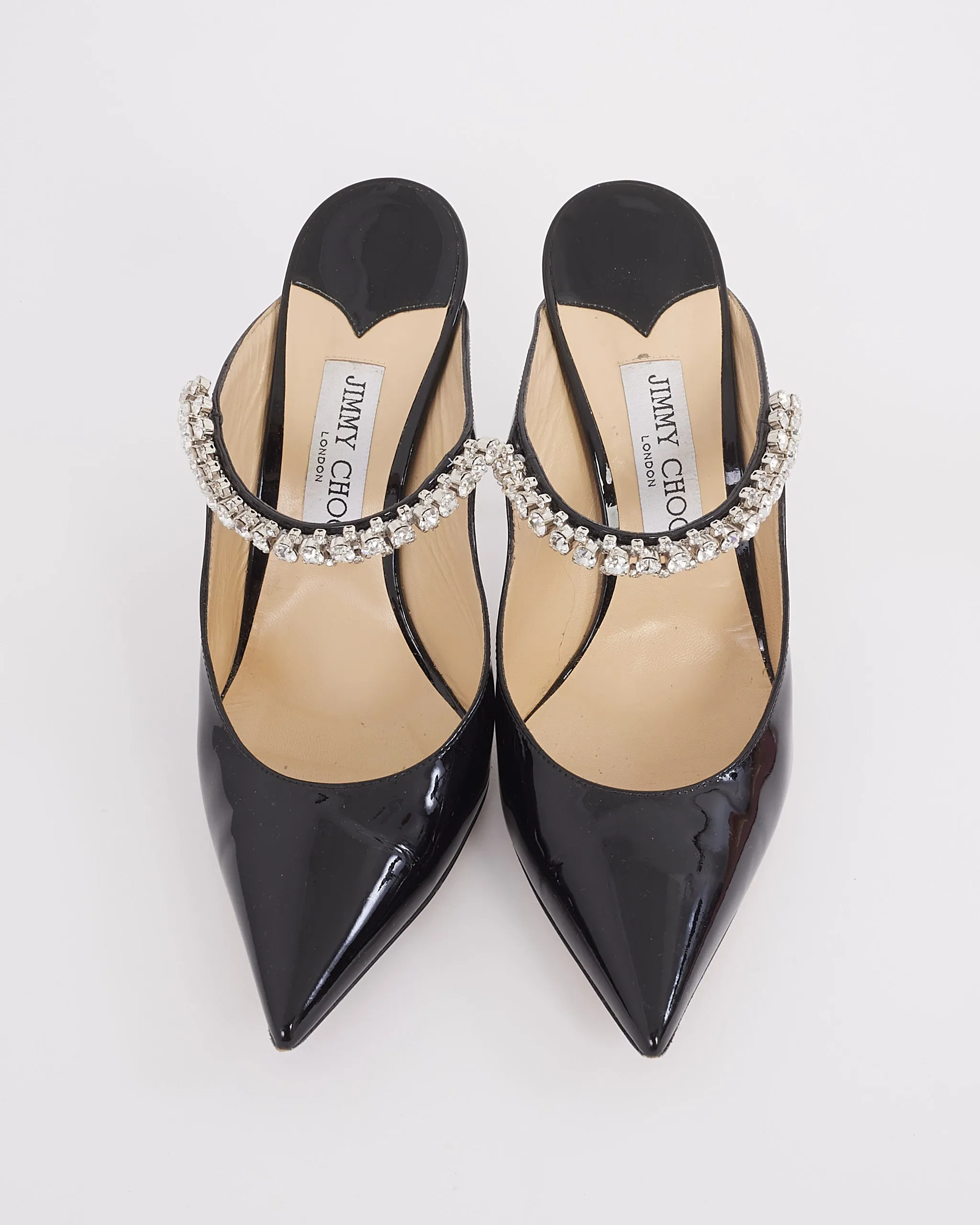 Jimmy Choo Black Patent Leather Crystal Embellished Mules - 38.5