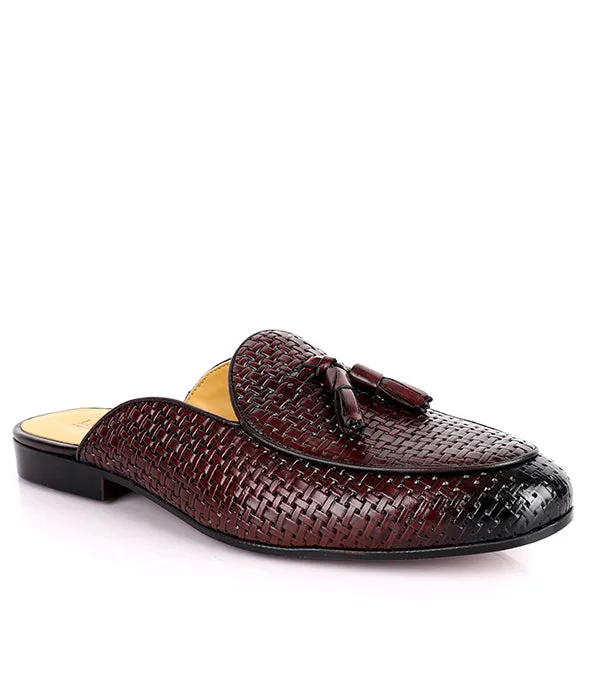 John Foster Woven Leather Tassel Mules|Coffee