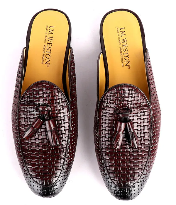 John Foster Woven Leather Tassel Mules|Coffee