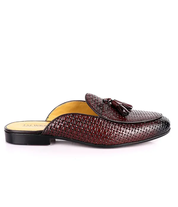 John Foster Woven Leather Tassel Mules|Coffee