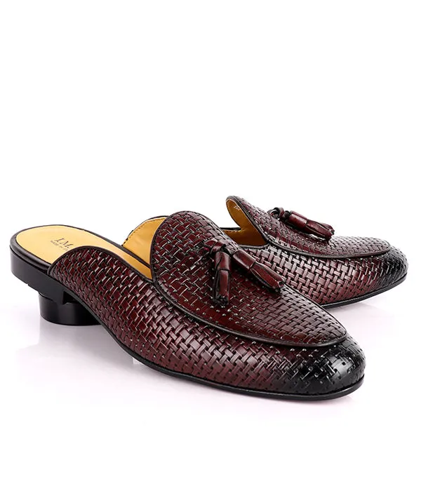 John Foster Woven Leather Tassel Mules|Coffee