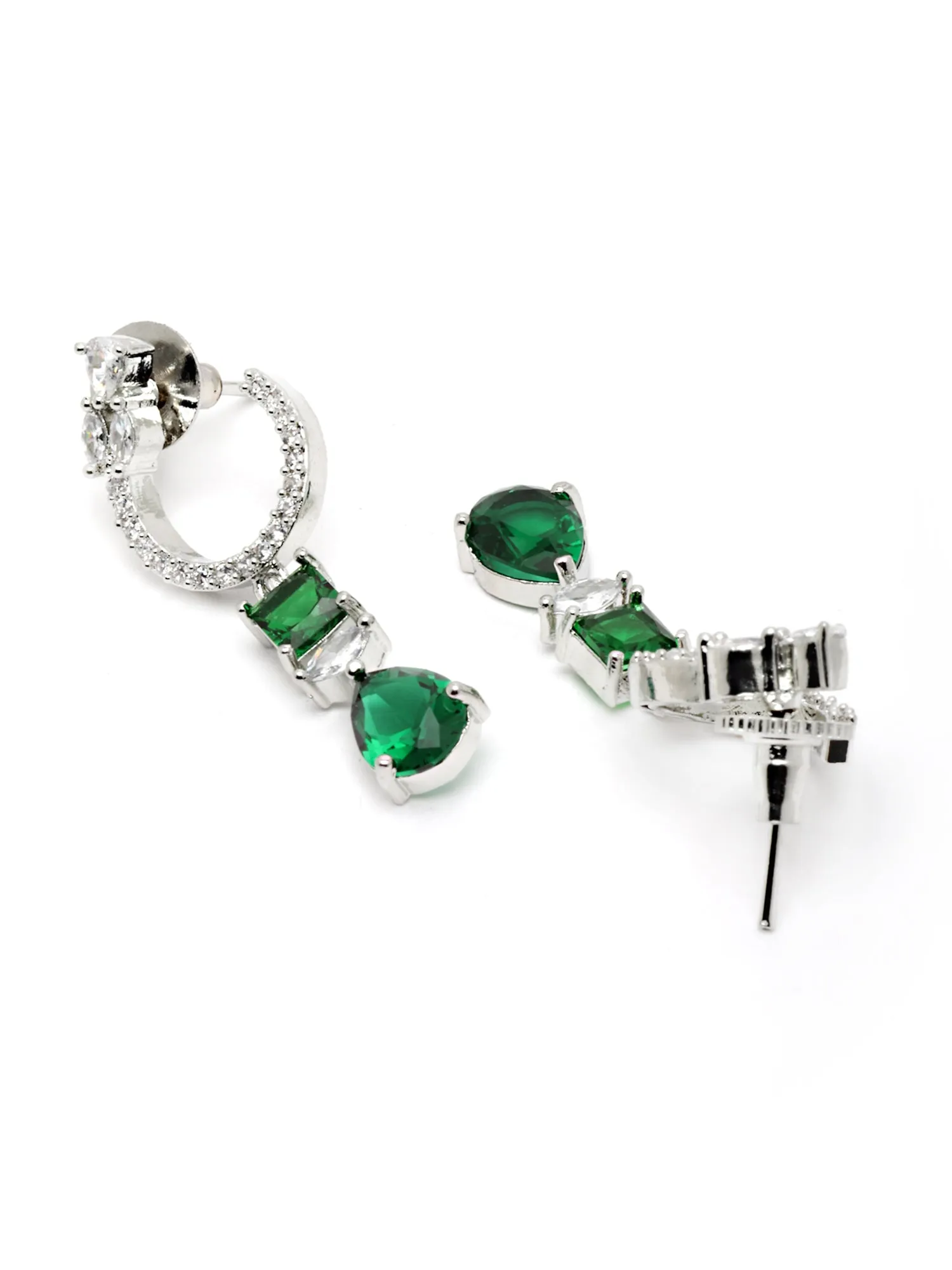 Karatcart Silver Tone Green American Diamond Drop Earrings for Women