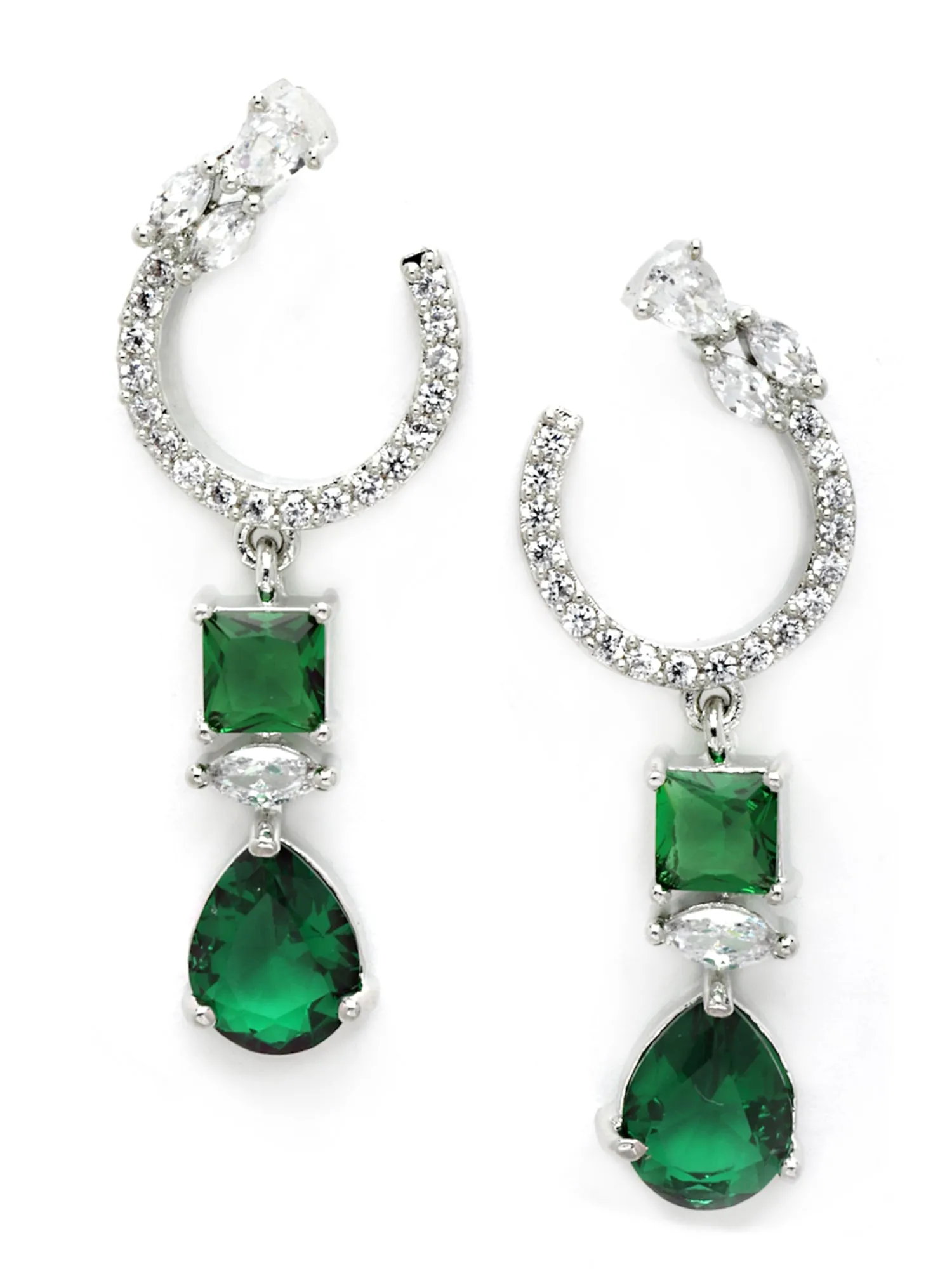 Karatcart Silver Tone Green American Diamond Drop Earrings for Women