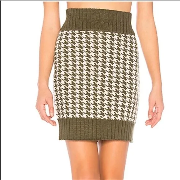Khaki Green and Ivory Houndstooth Knit  Sweater Skirt Tularosa - NEW