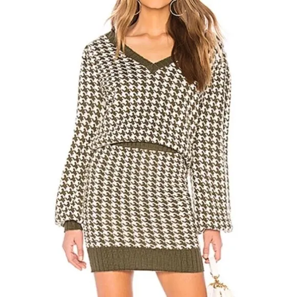 Khaki Green and Ivory Houndstooth Knit  Sweater Skirt Tularosa - NEW