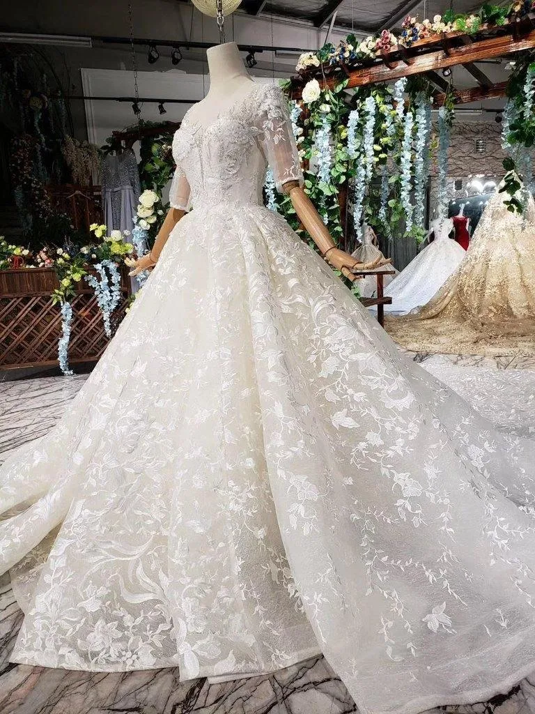 Lace Half Sleeves Ball Gown Wedding Dresses, Fashion Beading Big Wedding Gown TN119