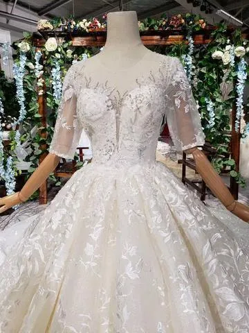 Lace Half Sleeves Ball Gown Wedding Dresses, Fashion Beading Big Wedding Gown TN119