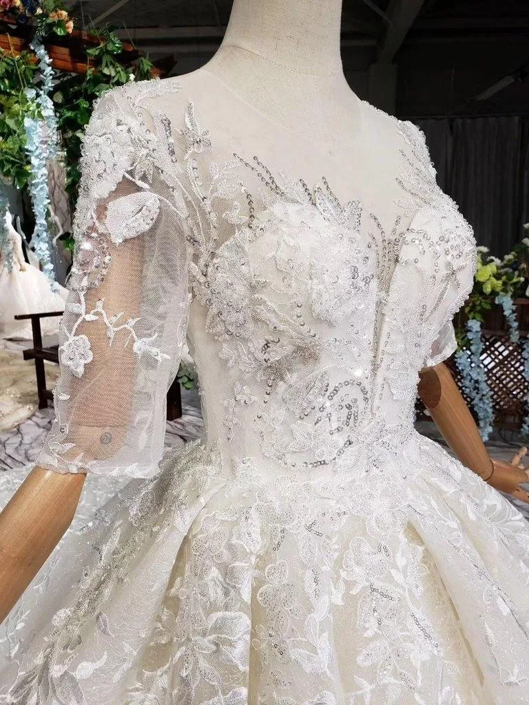 Lace Half Sleeves Ball Gown Wedding Dresses, Fashion Beading Big Wedding Gown TN119