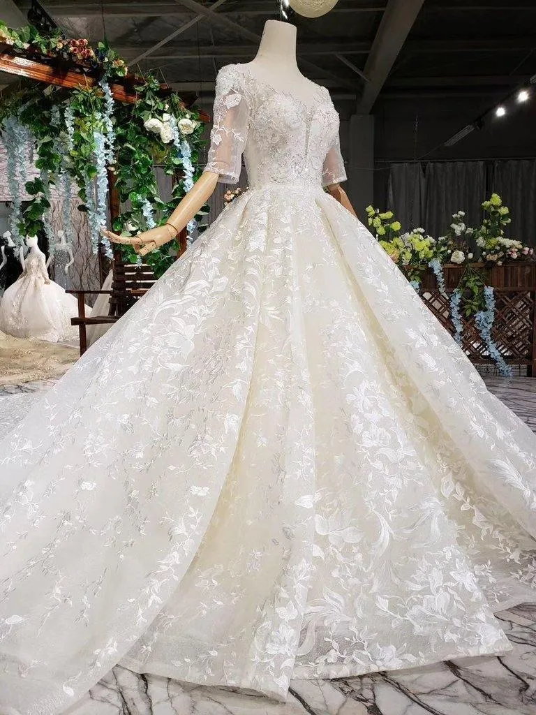 Lace Half Sleeves Ball Gown Wedding Dresses, Fashion Beading Big Wedding Gown TN119