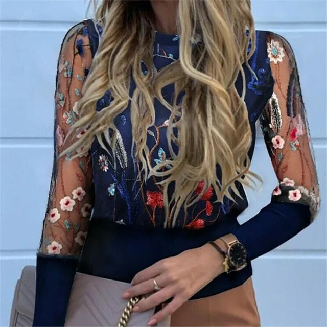 Ladies Floral Embroidered Mesh Sleeve Blouse.. See Our Face Cover Collection To Match..