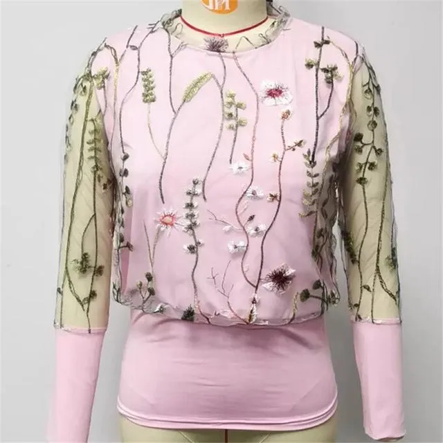 Ladies Floral Embroidered Mesh Sleeve Blouse.. See Our Face Cover Collection To Match..