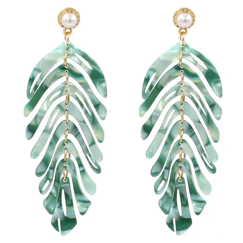 Leaf Pattern Beaded Acrylic Drop Earrings