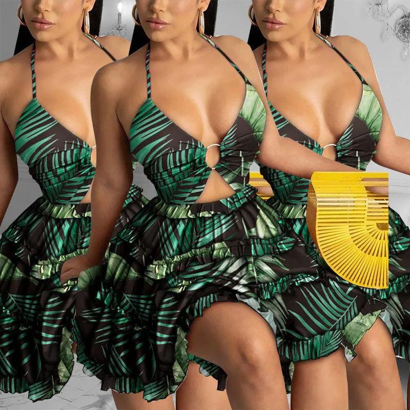 Leaf Pattern Sleeveless Halter Mini Dress