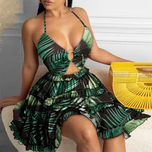 Leaf Pattern Sleeveless Halter Mini Dress