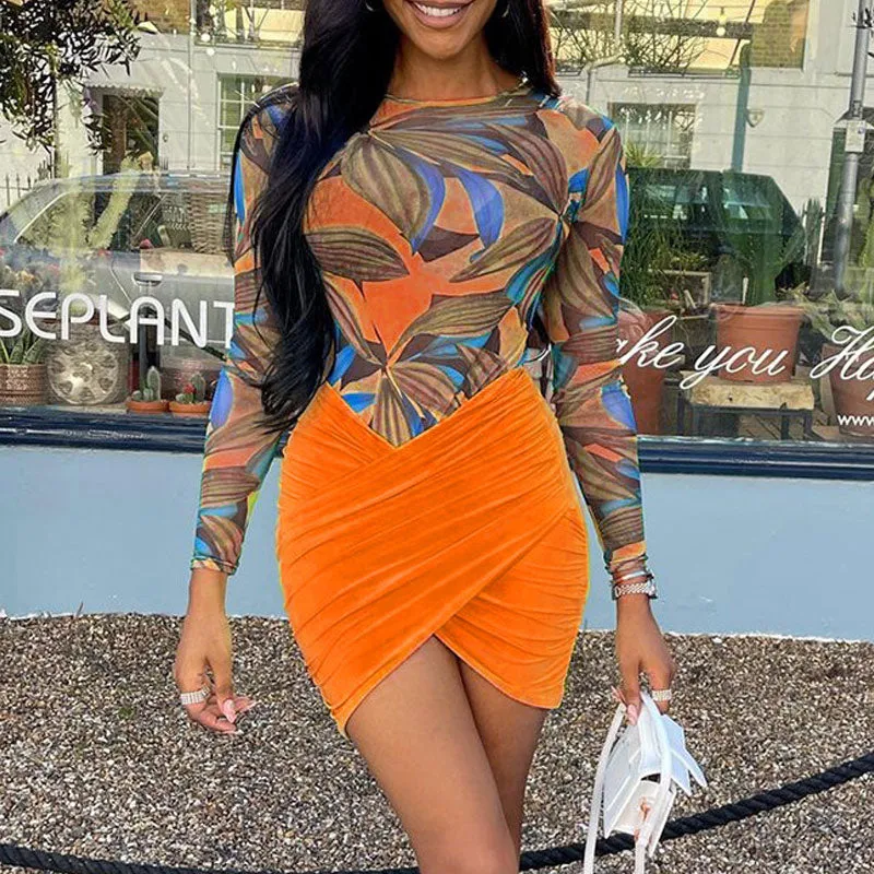 Leaf Print Long Sleeve Bodysuit & Ruched Skirt Set