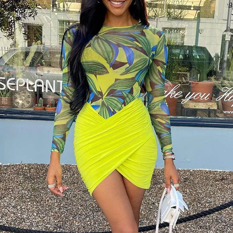 Leaf Print Long Sleeve Bodysuit & Ruched Skirt Set