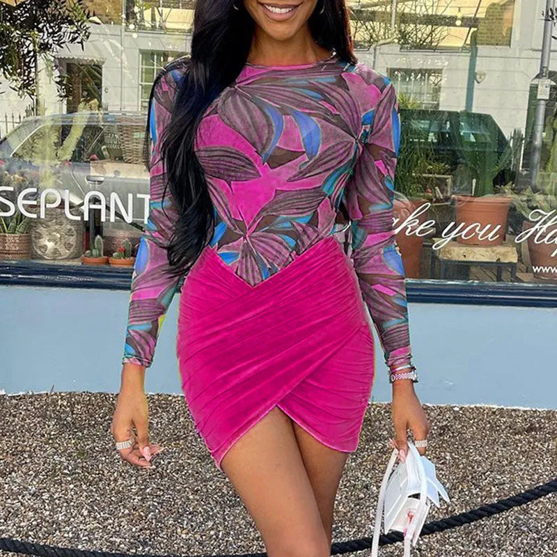 Leaf Print Long Sleeve Bodysuit & Ruched Skirt Set