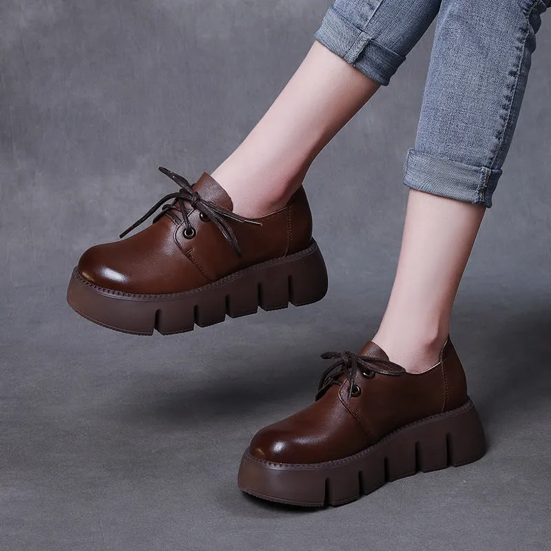 Leather Thick-soled Lace-up Women's Shoes Simple All-match Retro Handmade Shoes
