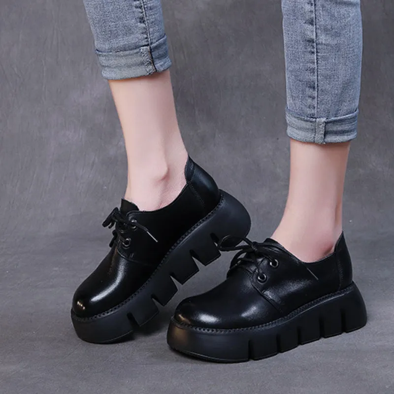 Leather Thick-soled Lace-up Women's Shoes Simple All-match Retro Handmade Shoes