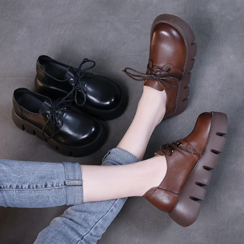 Leather Thick-soled Lace-up Women's Shoes Simple All-match Retro Handmade Shoes