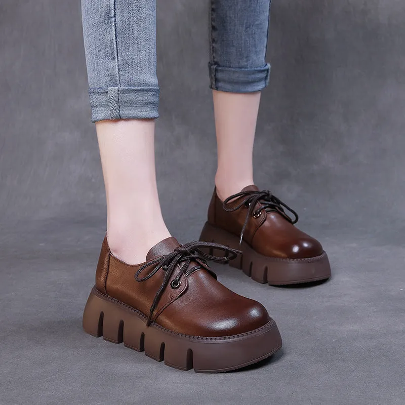 Leather Thick-soled Lace-up Women's Shoes Simple All-match Retro Handmade Shoes
