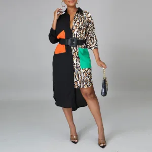 Leopard Print Long Sleeve Pocket Design Irregular Shirt Dress
